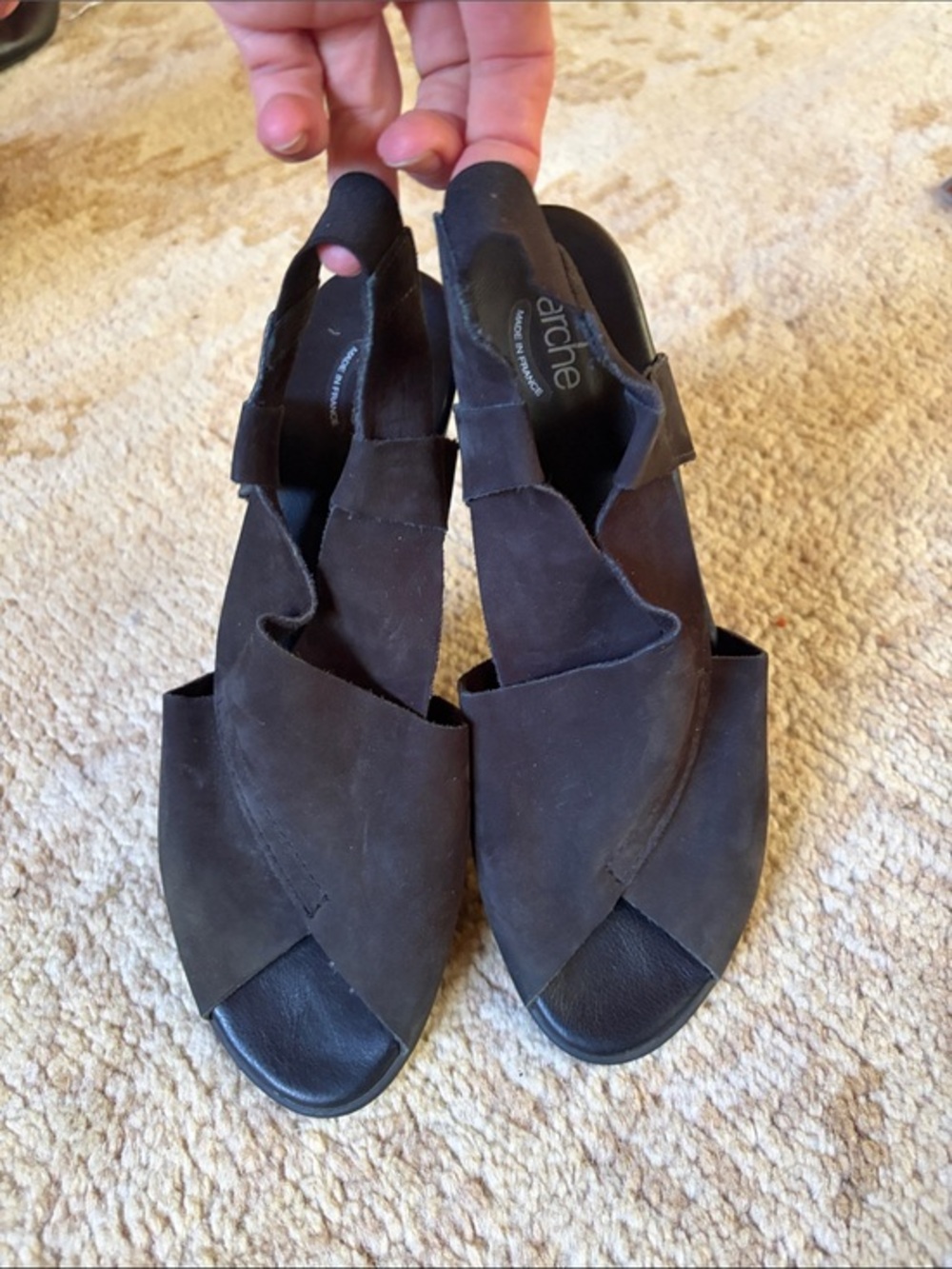 Arche Women's Black Nubuck Peep Toe Wedge Slingback Sandal Size 39